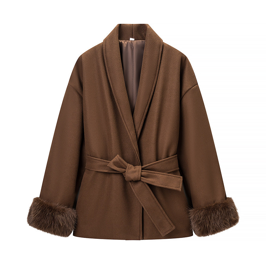 Women's Oversized Wrap Coat with Shawl Collar and Fur Trim on the Sleeves Amarae