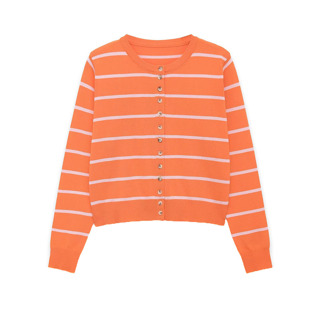 Women's Short-Cut Fine Knit Cardigan with Horizontal Stripes and Mother-of-Pearl Buttons Amarae