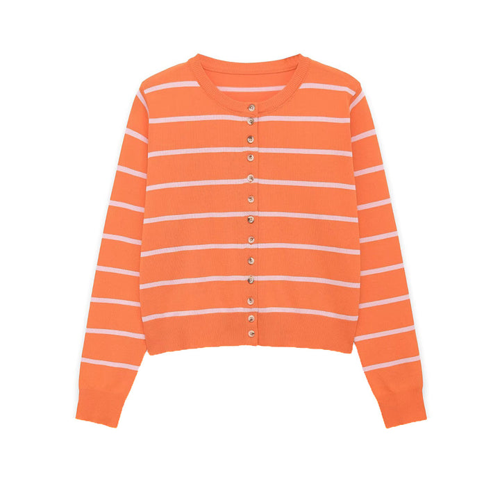 Women's Short-Cut Fine Knit Cardigan with Horizontal Stripes and Mother-of-Pearl Buttons Amarae