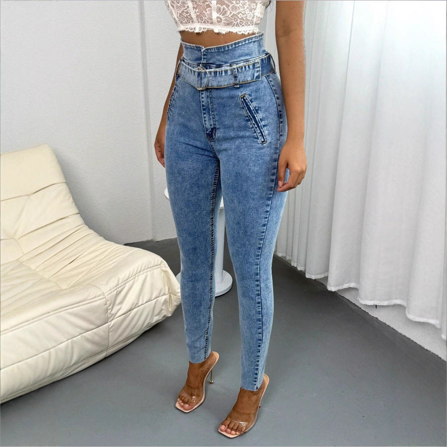 Women's High-Waisted Slim-Skinny Jeans with D-Ring Belt and Diagonal Slip Pockets Amarae