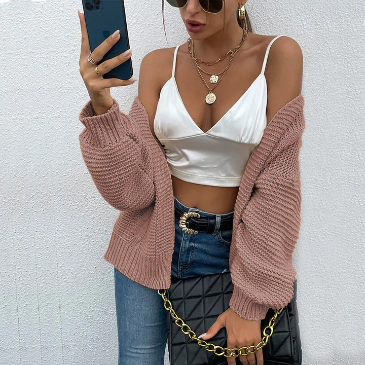 Thick knit jacket for women with oversized sleeves and an open front Lune Londonl