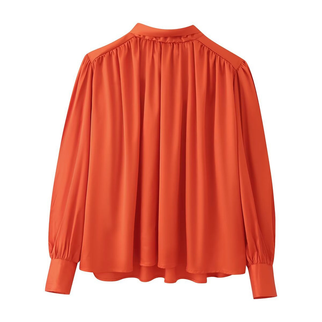Women's Flowing Satin Blouse with Gathered Back and Balloon Sleeves Amarae