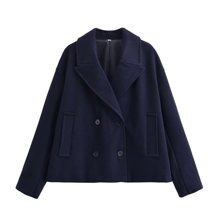 Women's Short Cut Double-Breasted Wool Blend Coat with Oversized Lapel Amarae