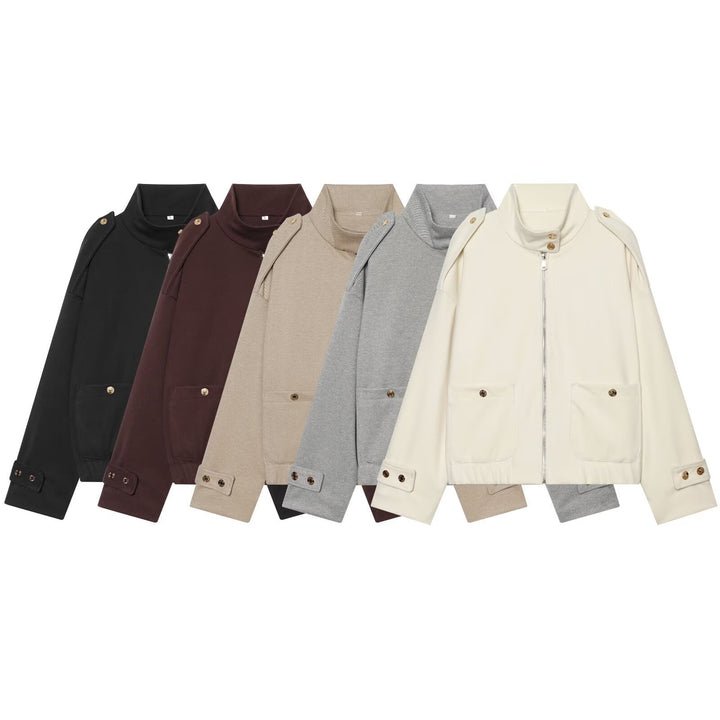 Women Cropped Utility Jacket with high collar, shoulder epaulettes and flap pockets