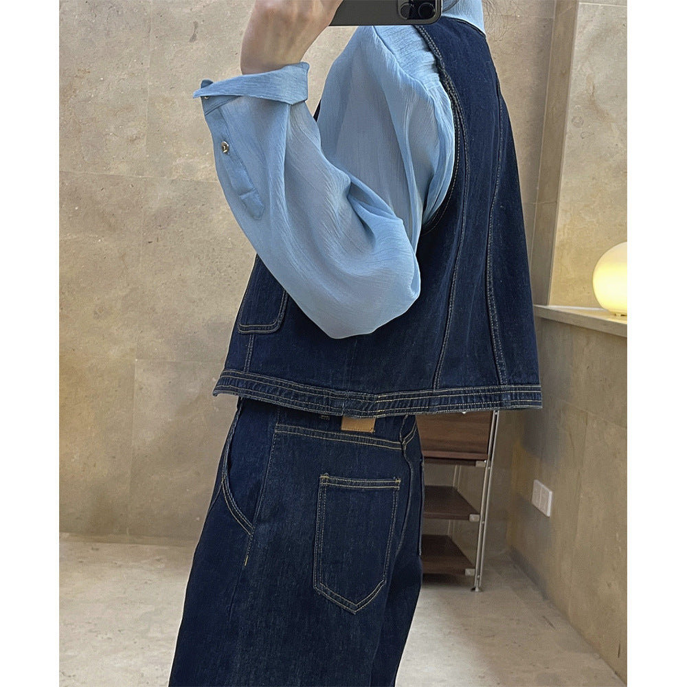 Women's Short Boxy Denim Vest with Contrast Stitching and Patch Pockets Amarae