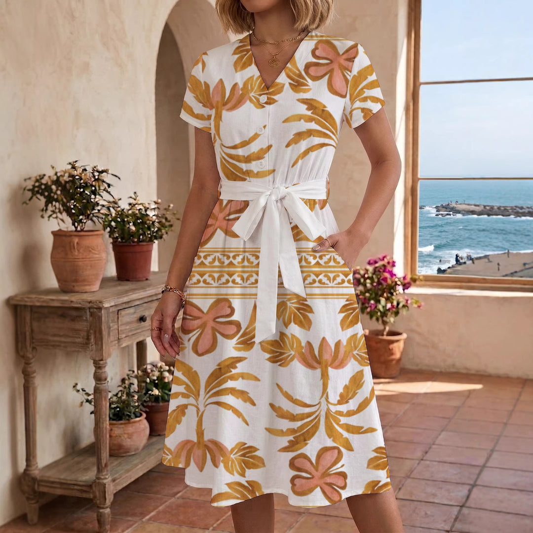 Women's Blooming Midi Dress with Adjustable Belt and Artistic Print Lune London