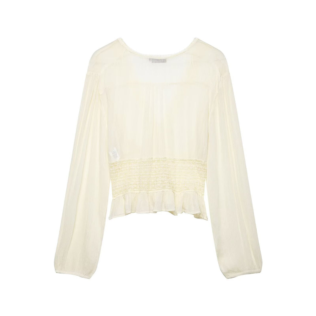 Women Light Blouse with V-Neck, Gathered Waist and Ruffle Hem