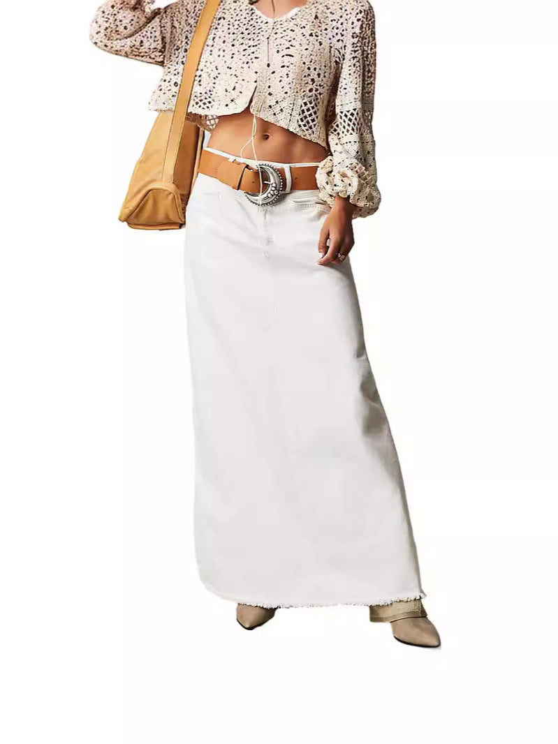 Women's Denim Maxi Skirt with High Waist and Practical Pockets Lune London