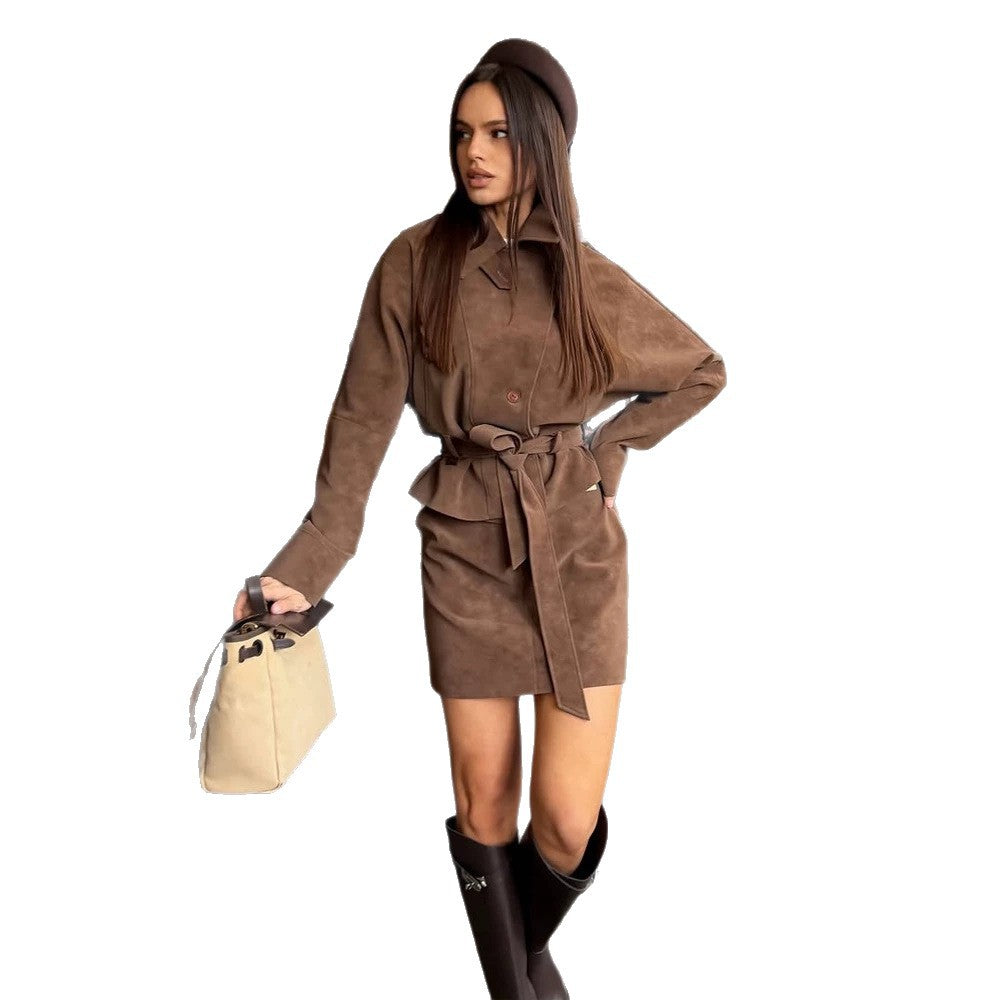 Women's Short Suede Set: Tailored Blouson with Stand Collar & Matching Mini Skirt Amarae