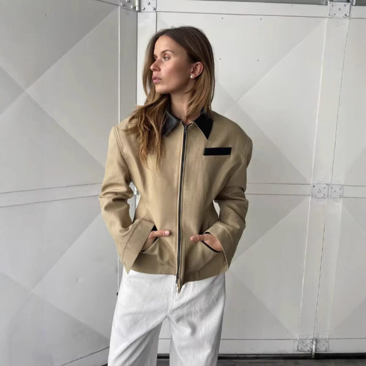 Designer quilted jacket for ladies with an exciting contrasting collar and minimalist pockets Lune London