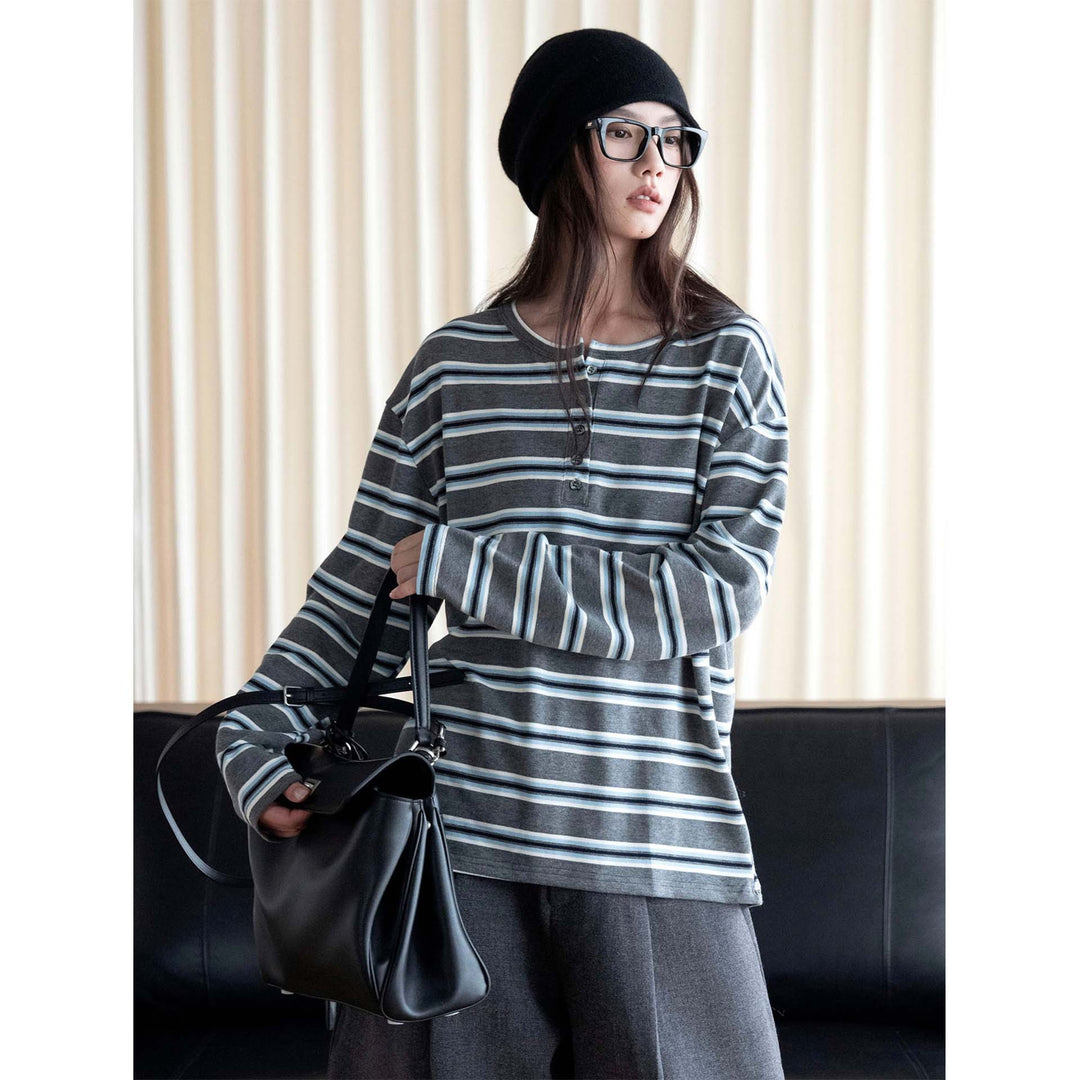Women Striped Oversized Long Sleeve Shirt with Henley Button Placket Amarae