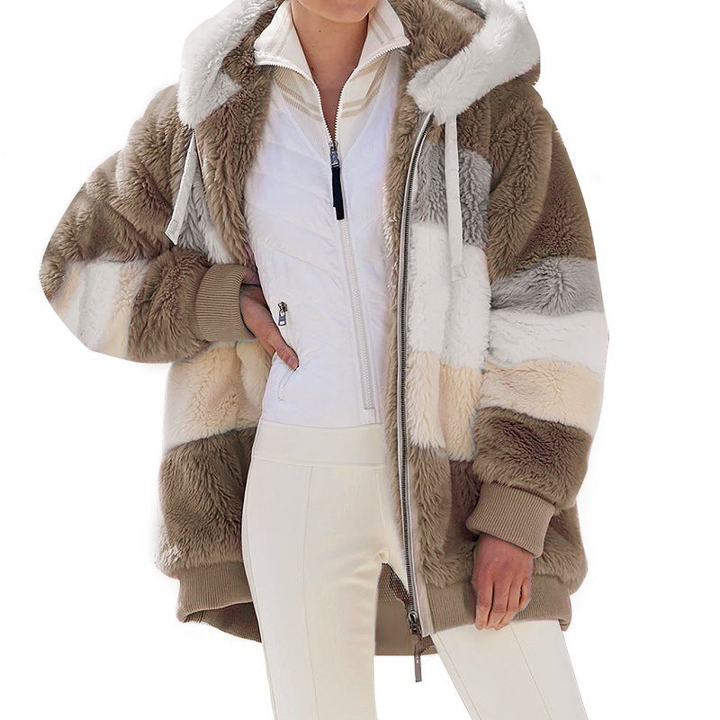 Women's Striped Oversized Teddy Jacket with Hood, Zipper and Ribbed Cuffs Amarae