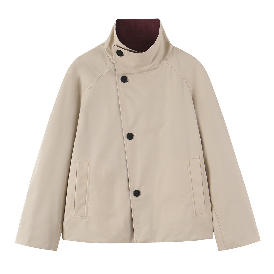 Women's short jacket with high stand-up collar and asymmetrical button placket Amarae