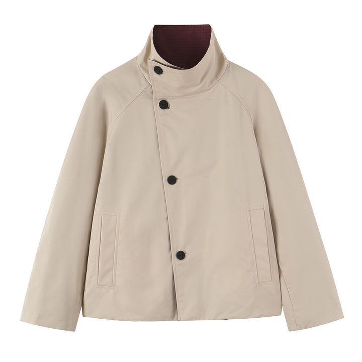 Women's short jacket with high stand-up collar and asymmetrical button placket Amarae
