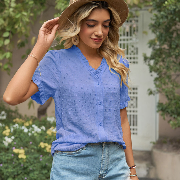 Women's blouse with ruffle details and lightweight textured fabric Lune London