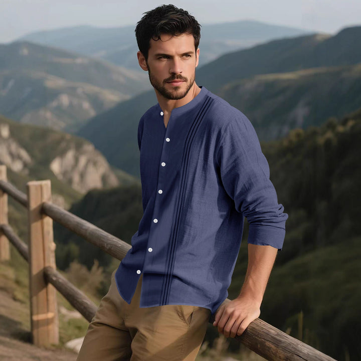 Trendy long-sleeve shirt for men with textured surface and innovative high collar Lune London
