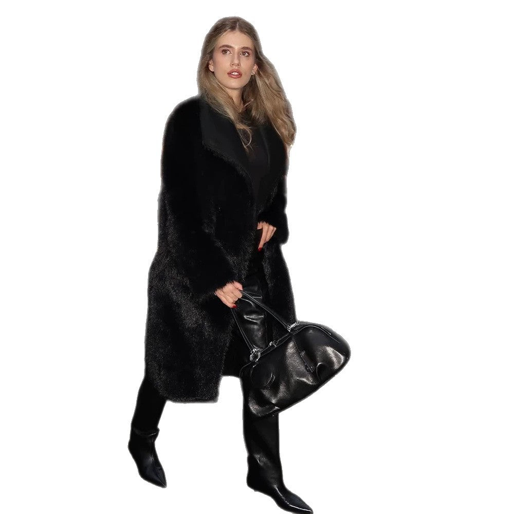 Women's Long Cut Faux Fur Coat with Large Shawl Collar and Concealing Oversize Fit Amarae