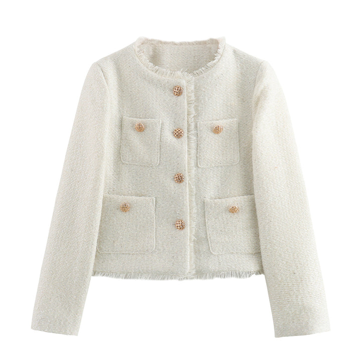 Elegant tweed jacket for women with fringes and practical pockets Lune London