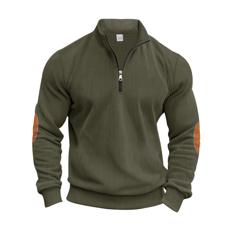 Navy sweater for men with high collar, zipper and trendy elbow patches Lune London