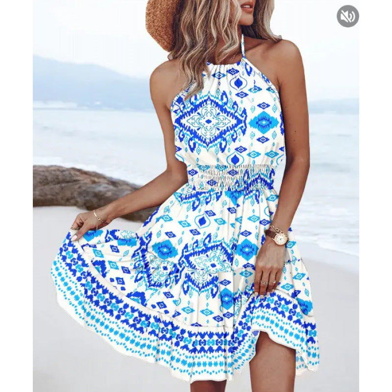 Boho halter neck dress for women with flounce skirt Lune London