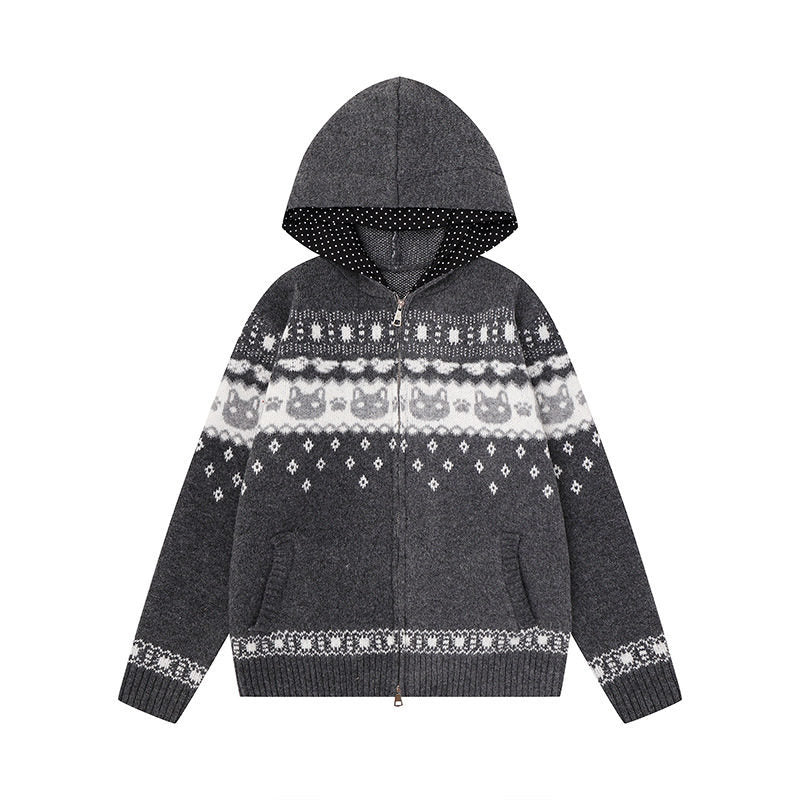Women's Hooded Knit Jacket with Norwegian Pattern, Double Zip and Kangaroo Pockets Amarae