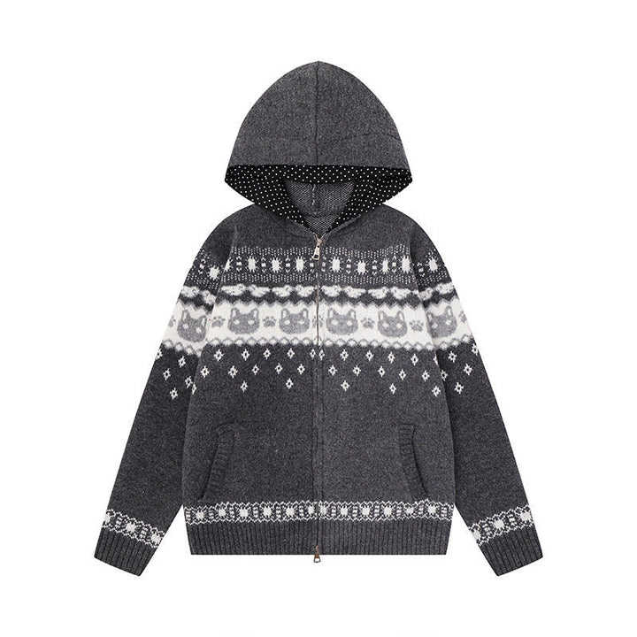 Women's Hooded Knit Jacket with Norwegian Pattern, Double Zip and Kangaroo Pockets Amarae