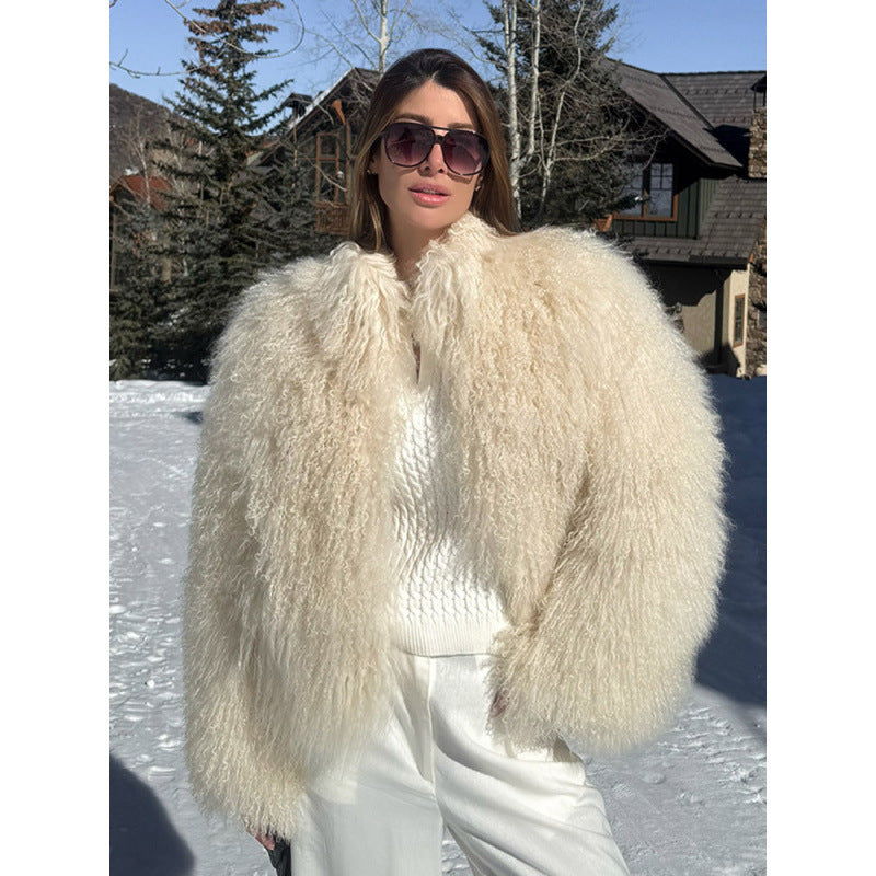Women's Cozy Short Jacket in Lambskin Look with Curly Long Pile Structure Amarae