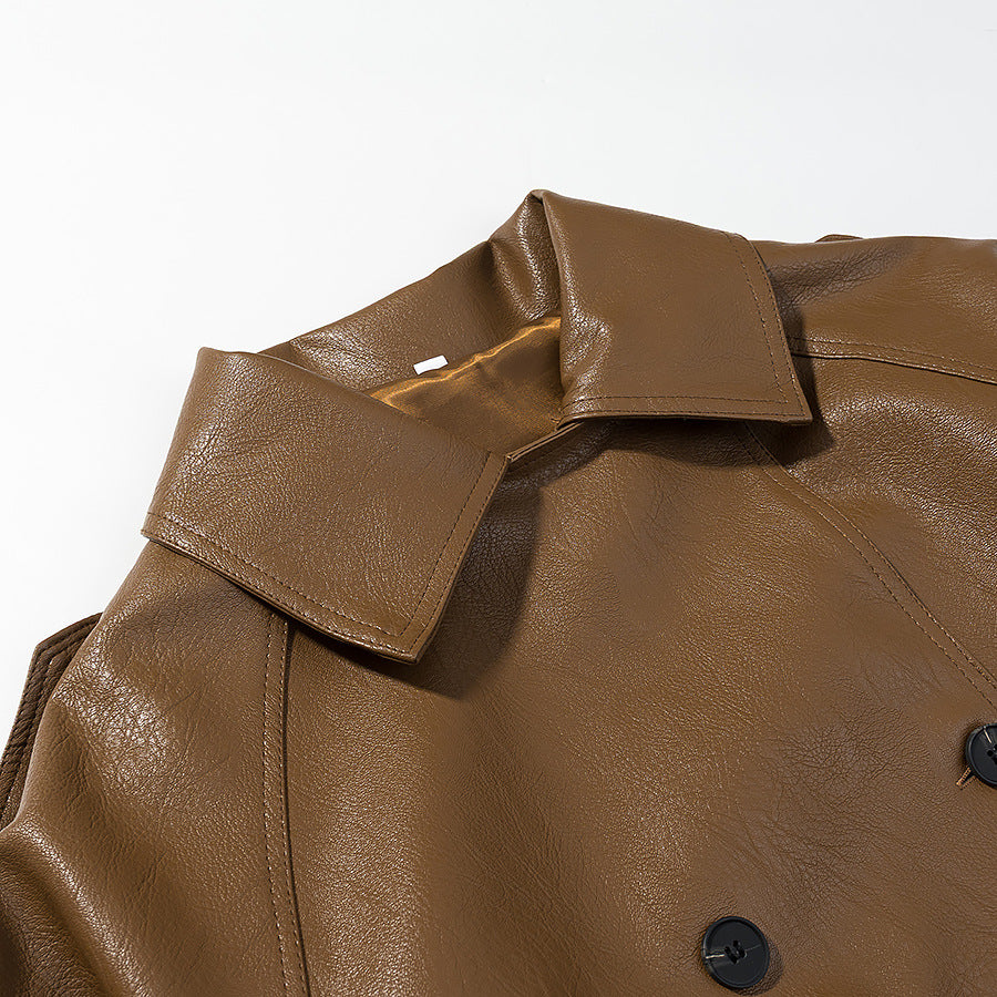 Women's Short Double-Breasted Faux Leather Trench with Waist Tie Belt Amarae