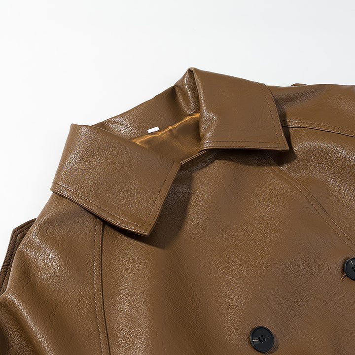 Women's Short Double-Breasted Faux Leather Trench with Waist Tie Belt Amarae