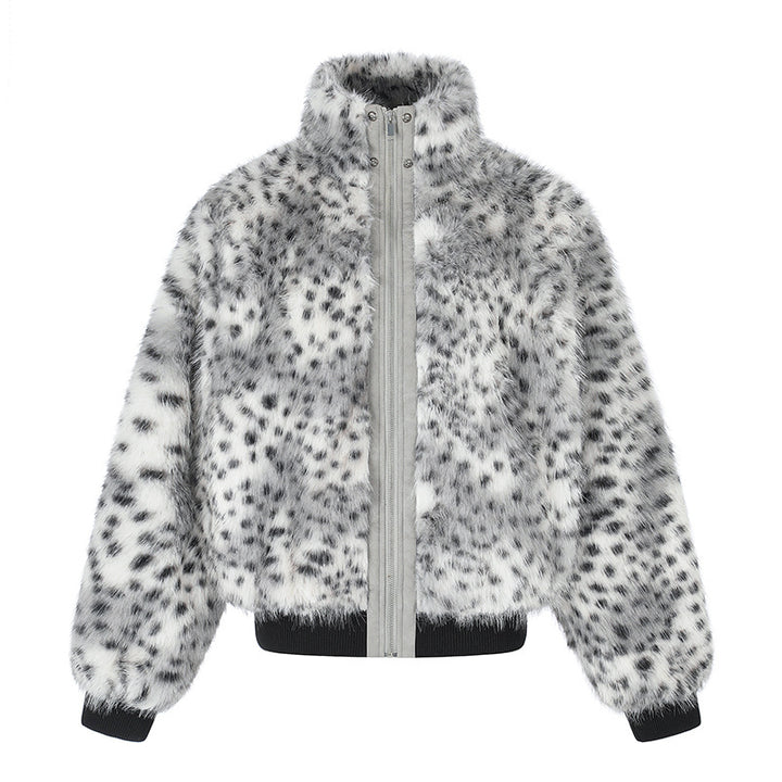 Women's Cropped Faux Fur Bomber Jacket with High Stand-Up Collar, Polka Dot Leopard Pattern, and Ribbed Hem Amarae