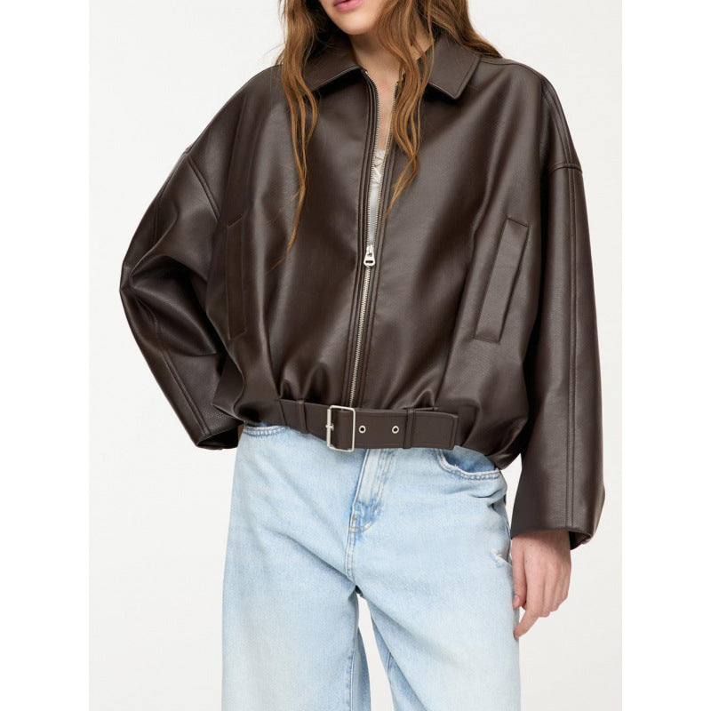 Women Oversized Leatherette Blouson with Waist Belt Amarae