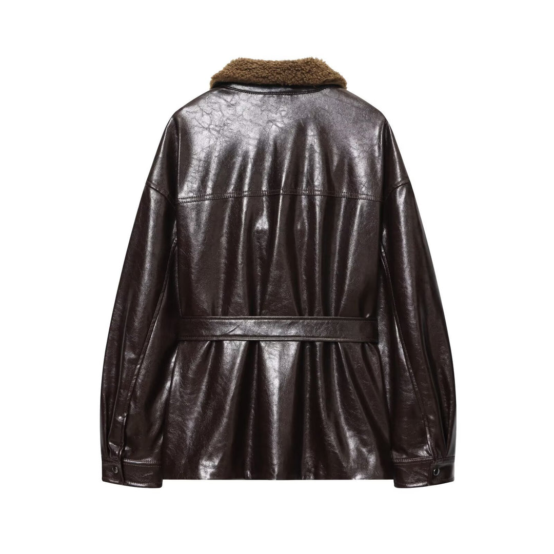 Women's Oversized Faux Leather Jacket with Teddy Collar and Waist Belt Amarae