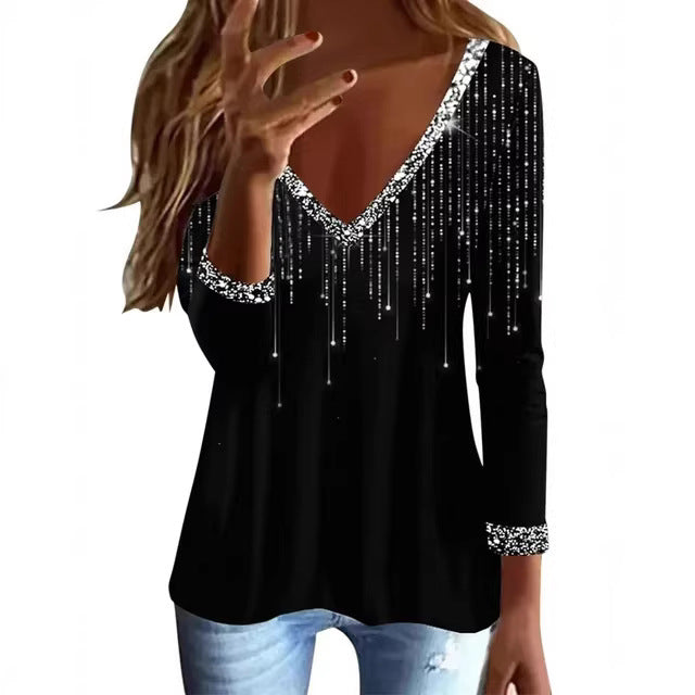 Women Glittering V-Neck Sweater with Elegant Rhinestone Details Chic & Stil