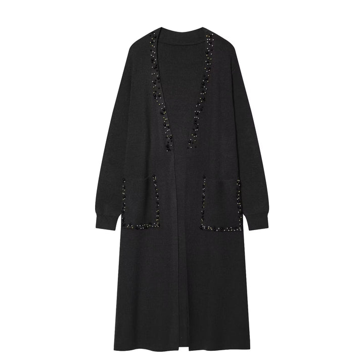 Ladies long knitted cardigan with pearl detailing Amarae