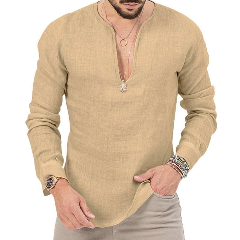Lightweight long-sleeve shirt for men with deep round neckline and playful cut Lune London