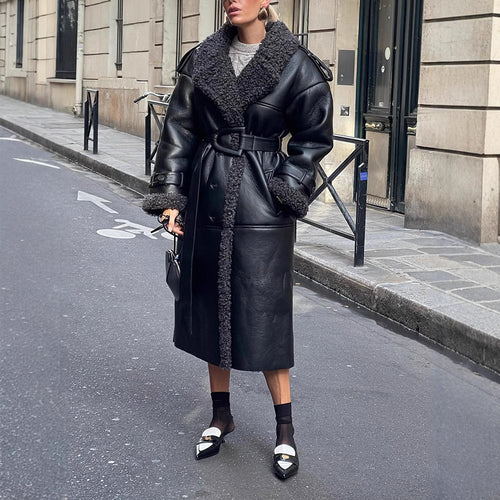 Synthetic leather coat for women with known collar and belt Amarae