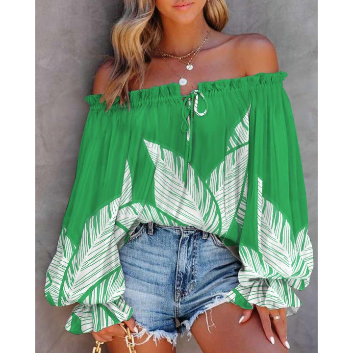 Ladies Off-Shoulder Blouse with Colorful Pattern and Elastic Hem Lune London