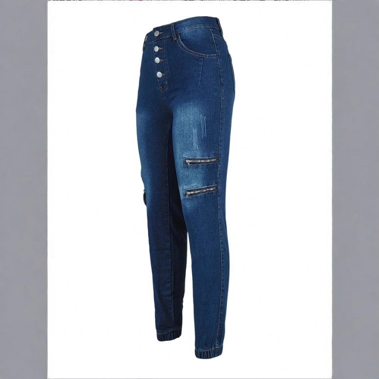 Women's High-Waisted Skinny Jeans with Cargo Zipper Pockets & Button Closure Amarae