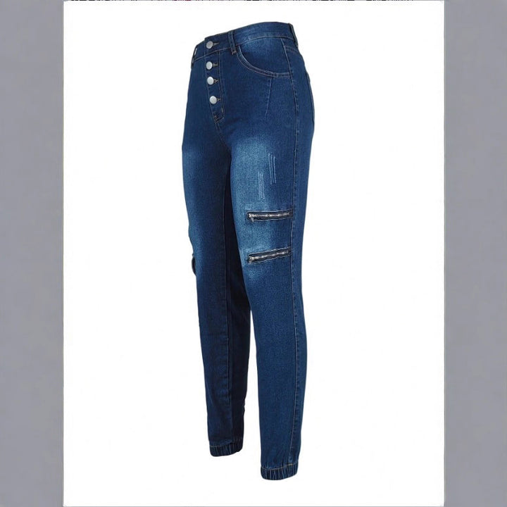 Women's High-Waisted Skinny Jeans with Cargo Zipper Pockets & Button Closure Amarae