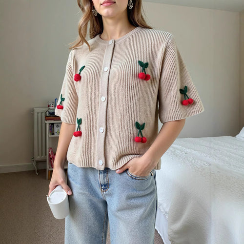 Women's knitted jacket with decorative cherry pattern and pockets Amarae
