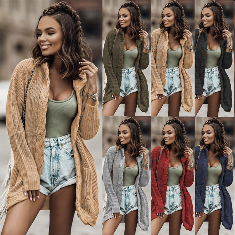 Knitted cardigan for women with modern braid design and open pockets Lune London