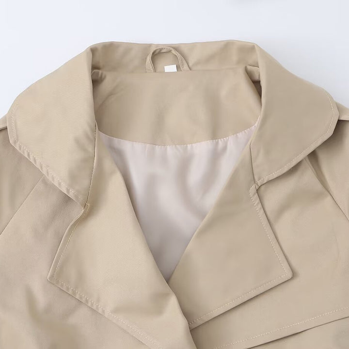 Women Cropped Trench Coat with Waist Belt, Wide Lapels and Cape Detail