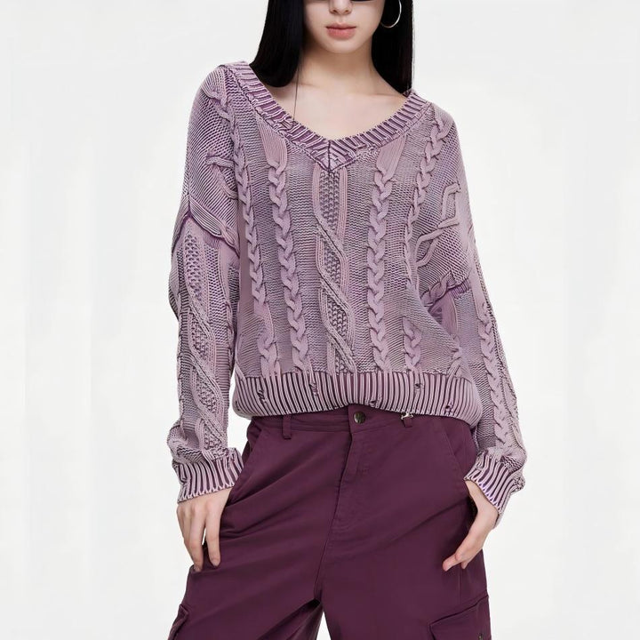 Pull en maille pour femmes avec motif en cable et col en V Chic & Stil