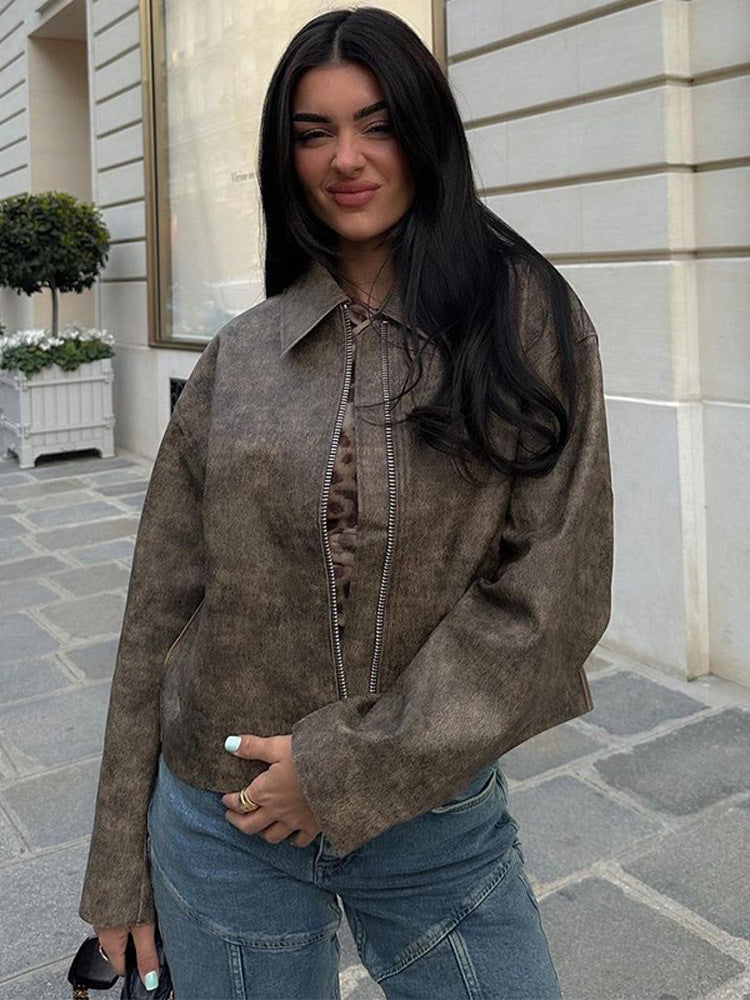 Women's Short Boxy Jacket in Vintage Suede Look with Distinctive Metal Zipper Amarae