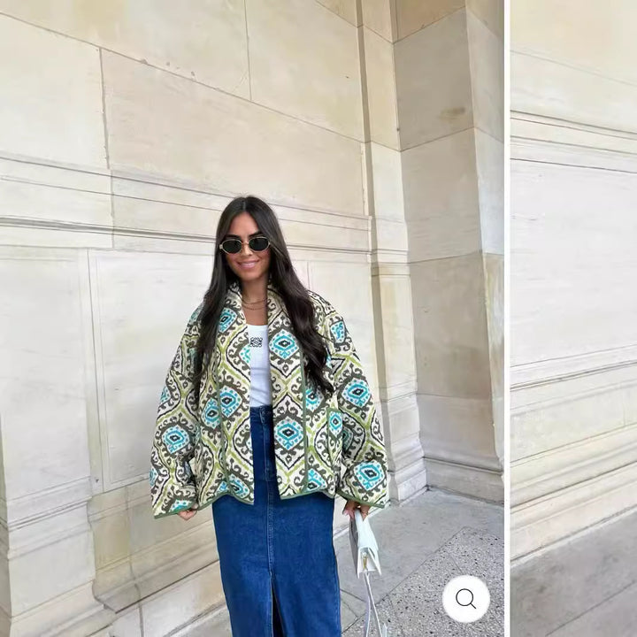 Women's Quilted Short Jacket in Kimono Style with Shawl Collar, Decorative Piping and Allover Print Amarae