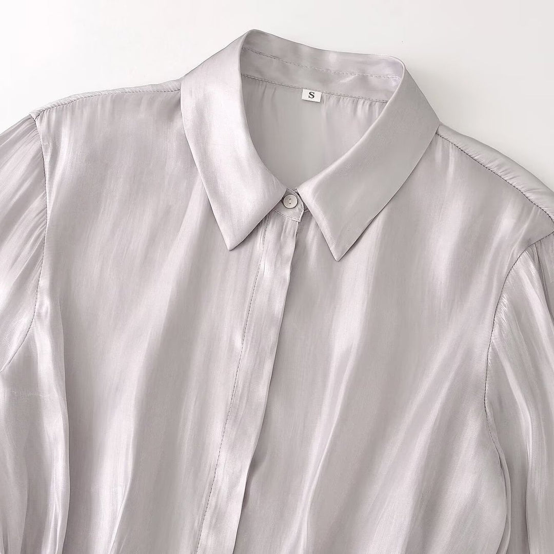 Ladies silk matte tailored shirt blouse with drawstring and concealed button placket Amarae