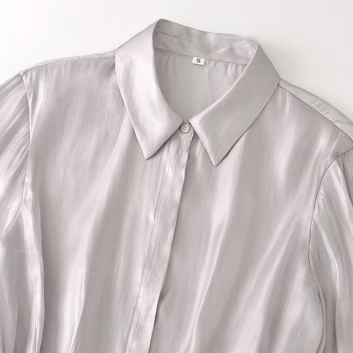 Ladies silk matte tailored shirt blouse with drawstring and concealed button placket Amarae