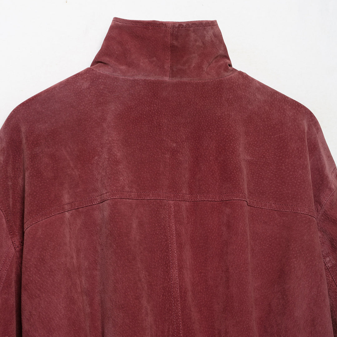 Women's Suede Look Bomber Jacket with High Funnel Collar and Elastic Cuffs