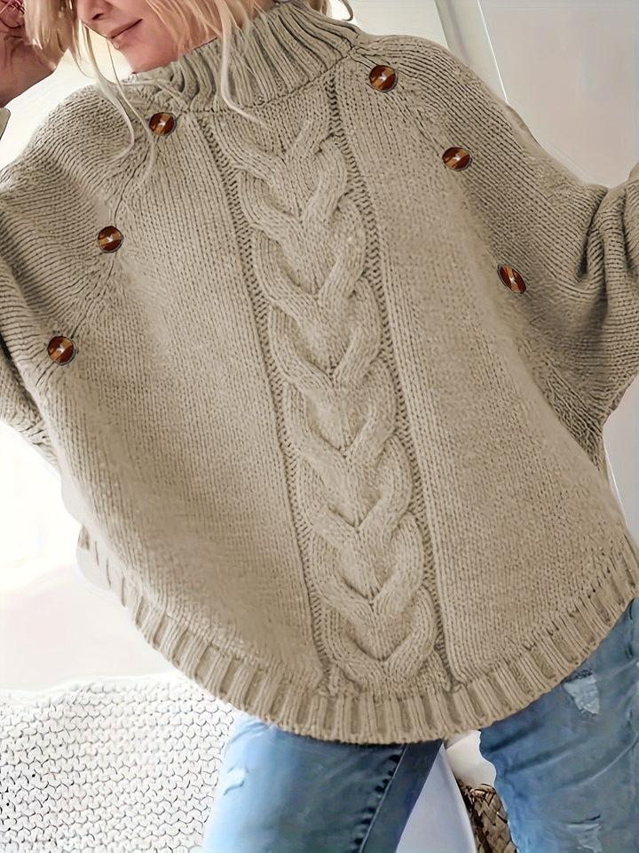 Chunky knit sweater for women with high neck and decorative buttons Lune London