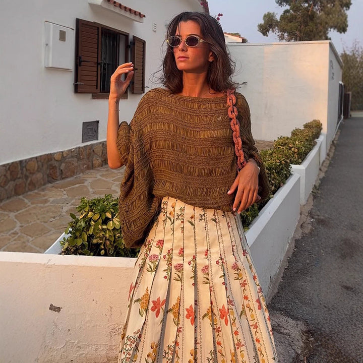 Women Loose Crocheted Poncho Knit Blouse with Wide Boat Neck and Texture Pattern Amarae
